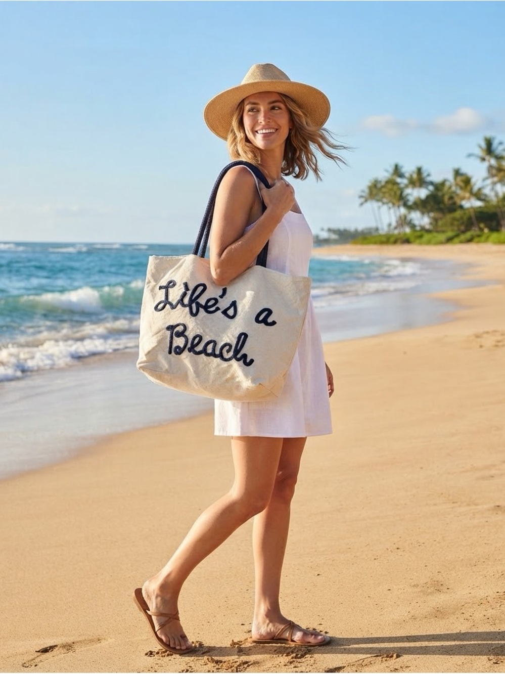 Canvas 'Life's a Beach' Tote Bag in Natural with Navy Script in rope fun beach